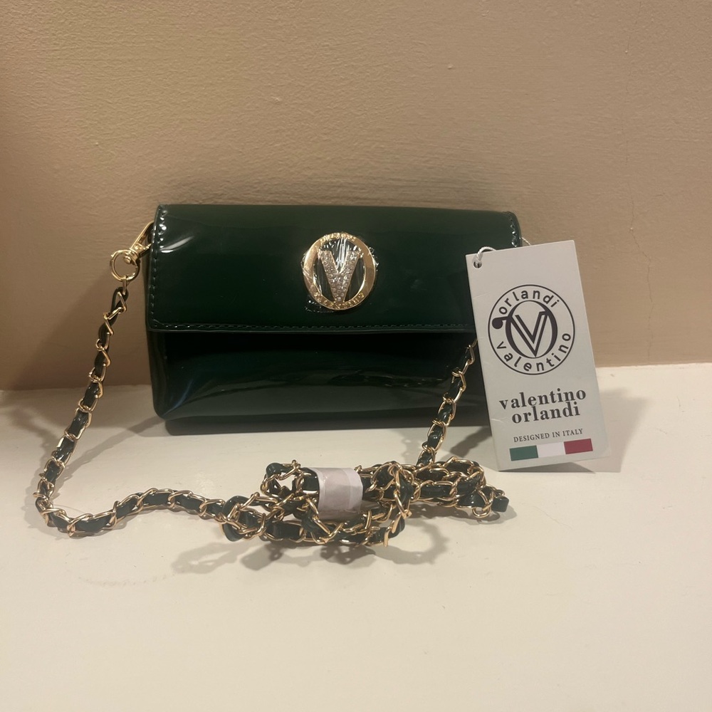 Valentino Orlandi Dark Green Clutch with Gold Chain